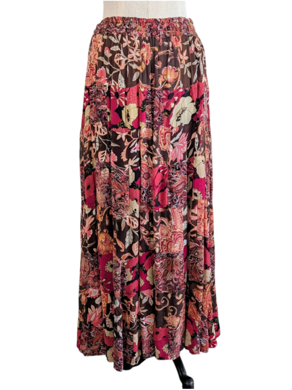Boho Patchwork Maxi Skirt Sheer Tiered Patchwork Floral Sheet Festival India OS - Picture 3 of 11